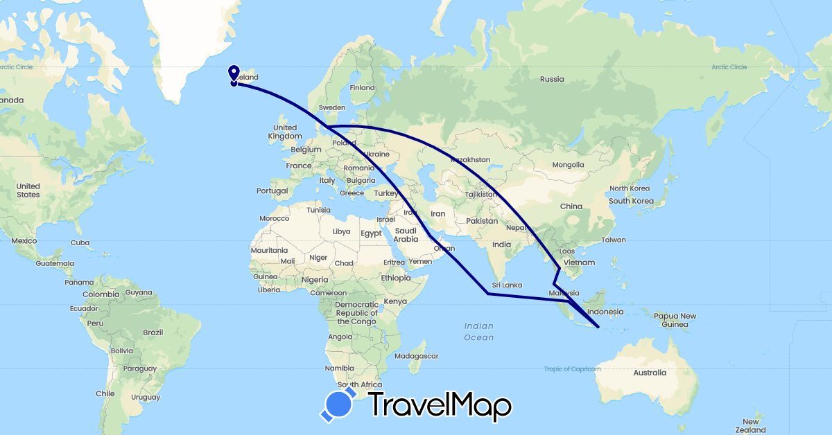 TravelMap itinerary: driving in Denmark, Indonesia, Iceland, Maldives, Malaysia, Qatar, Singapore, Thailand (Asia, Europe)